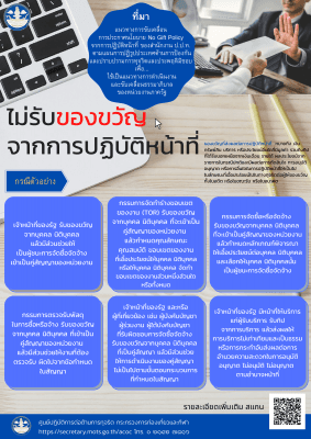 ศูนย์ปฏิบัติการต่อต้านการทุจริต ได้จัดทำสื่อเผยแพร่เพื่อเสริมสร้างการรับรู้ในเรื่องการไม่รับของขวัญจากการปฏิบัติหน้าที่ ตามแนวทางของสำนักงาน ป.ป.ท.